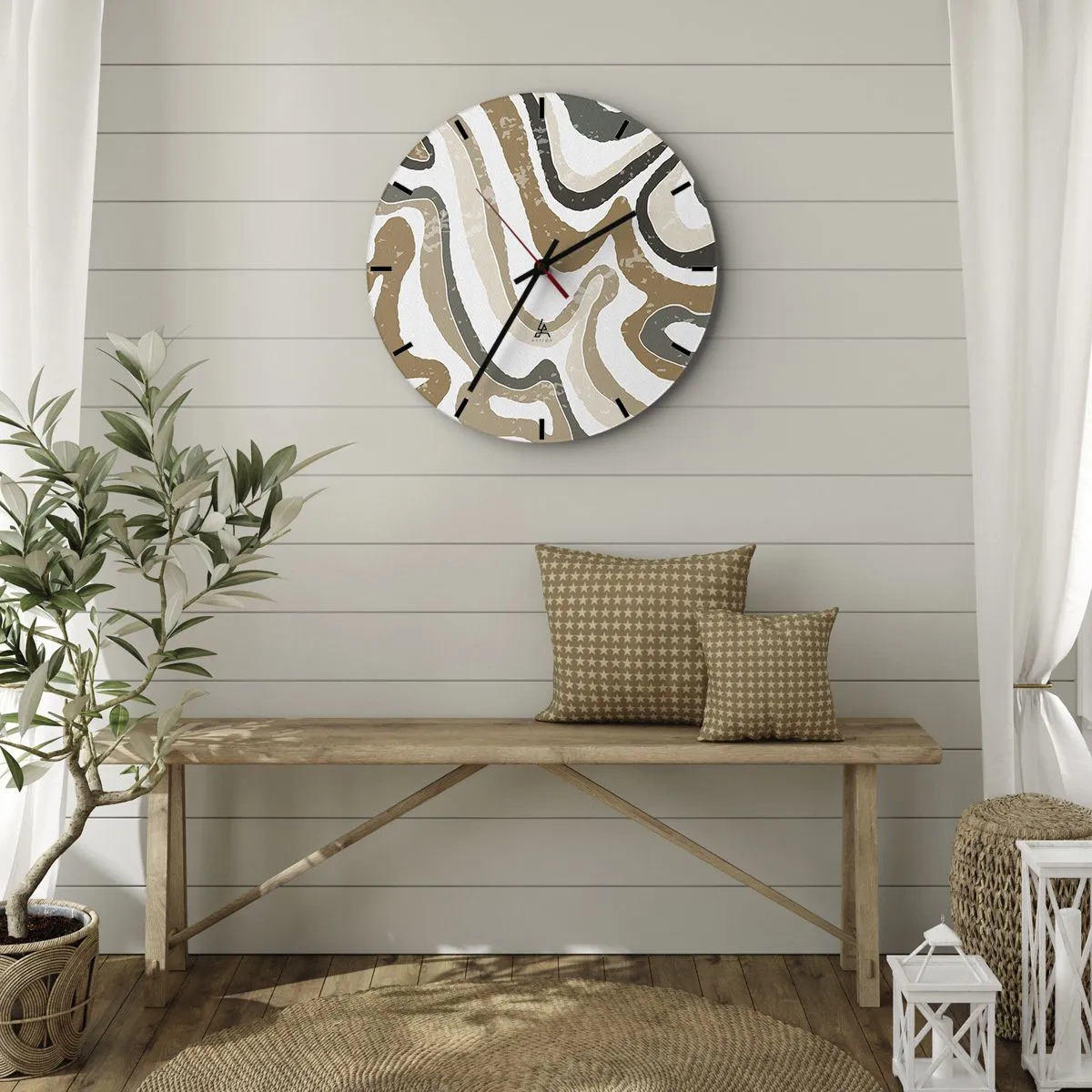 Wanduhr - Glasuhr - Mäandernde Streifen in Erdtönen auf weißem Hintergrund - 30x30cm - Mäander in Erdfarben - Moderne Wanddekoration für Wohnzimmer, Küche und Schlafzimmer ARTTOR