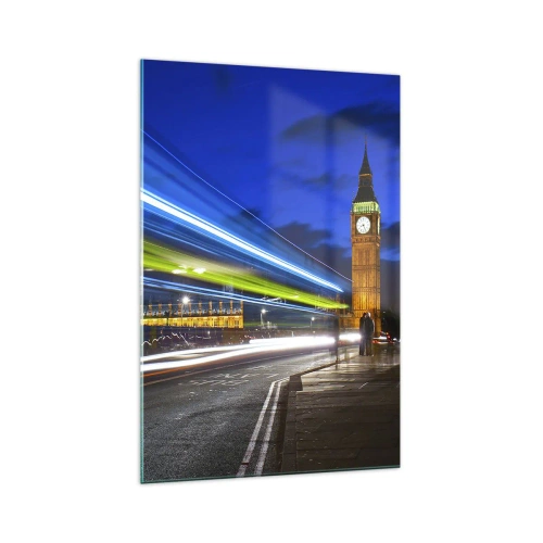 Glasbild - Bild auf glas - Big Ben bei Nacht mit der Wirkung von Lichtern im Straßenverkehr - 70x100cm - Unter den wachsamen Augen von Big Ben - Moderne Wanddekoration für Wohnzimmer und Schlafzimmer ARTTOR