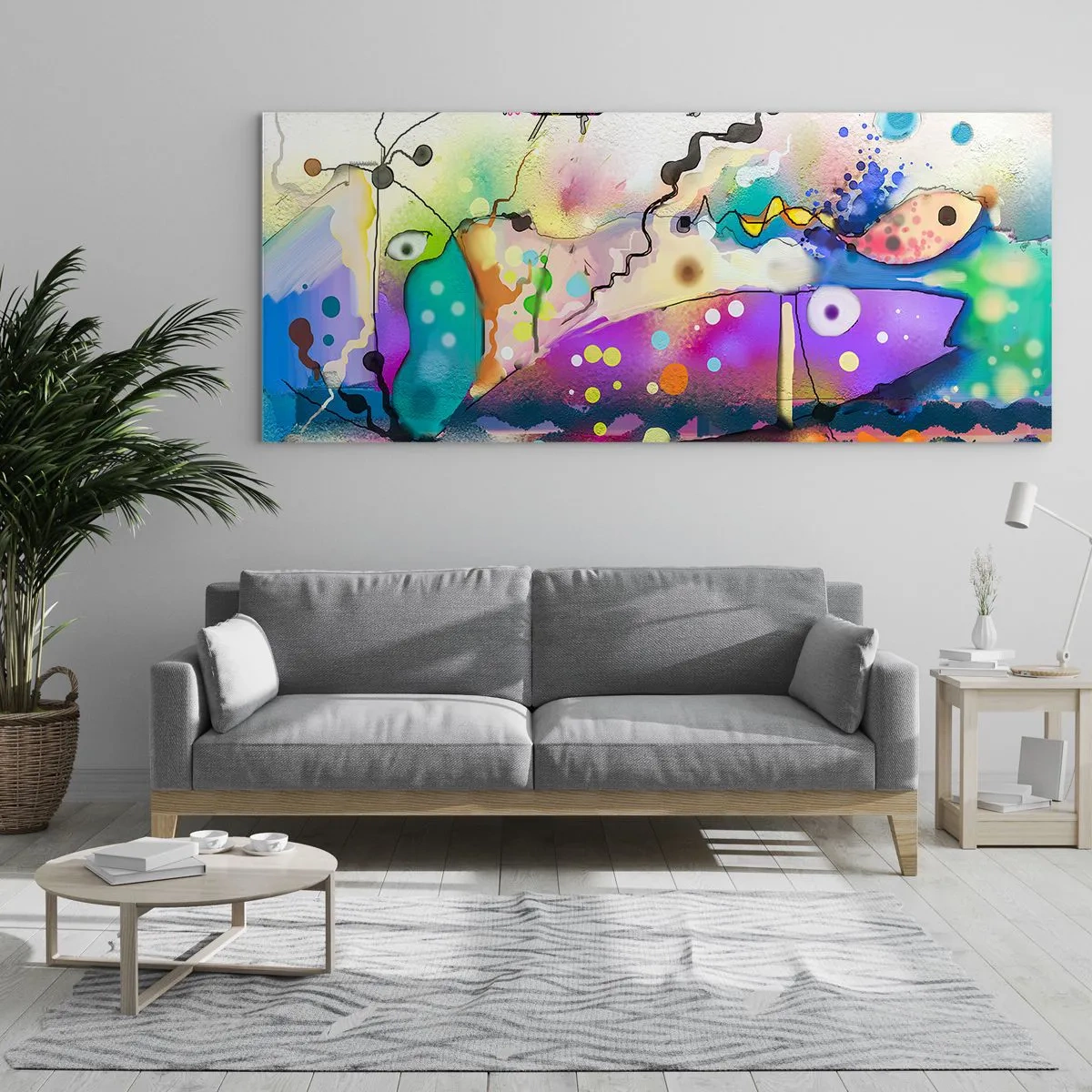 Glasbild - Bild auf glas - Abstrakter Fisch in einer farbenfrohen, surrealen Komposition - 120x50cm - Es fehlen die Worte! - Moderne Wanddekoration für Wohnzimmer und Schlafzimmer ARTTOR