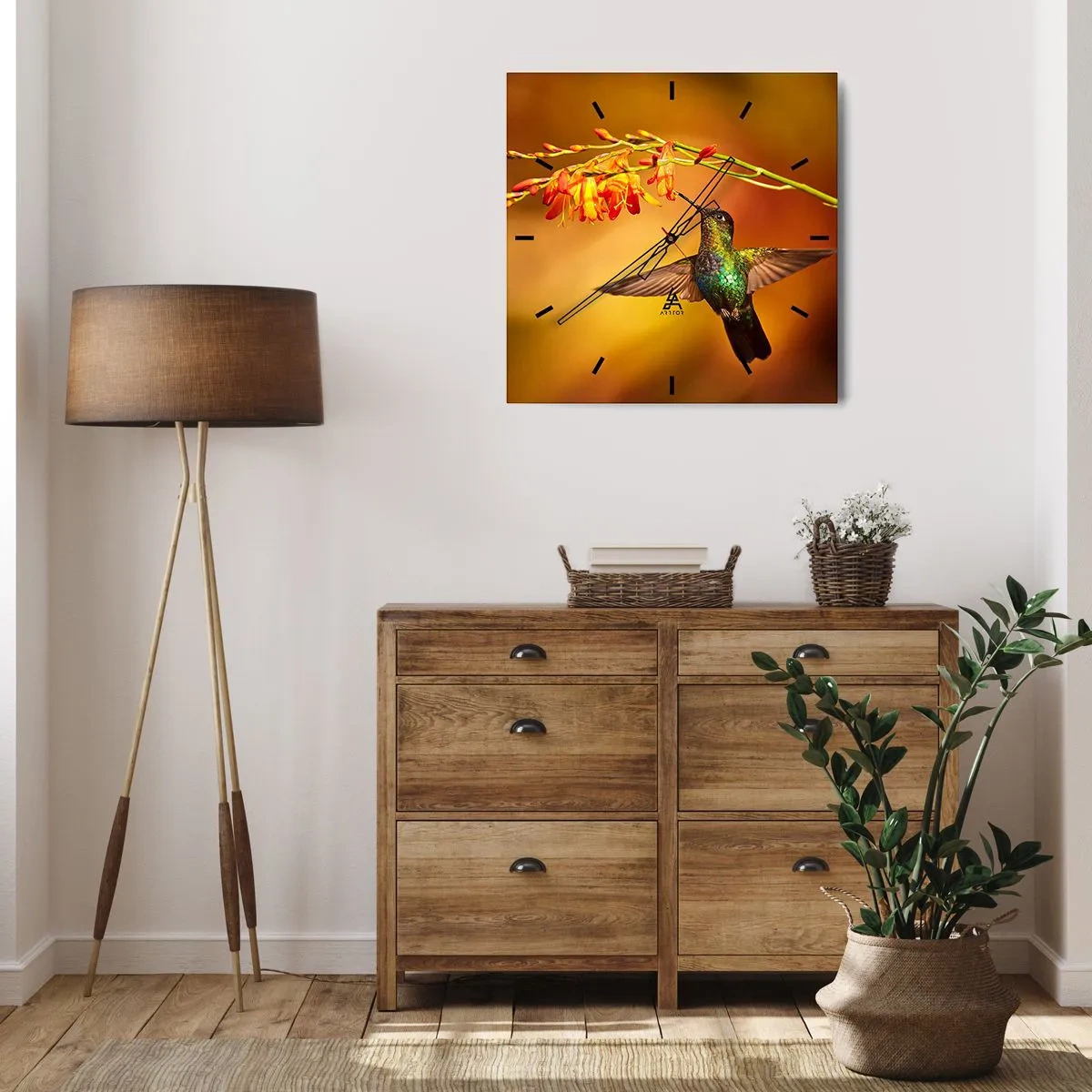 Wanduhr - Glasuhr - Kolibri neben einer Blume im warmen Licht - 30x30cm - Ein Lichtbote nach den Maya - Moderne Wanddekoration für Wohnzimmer und Schlafzimmer ARTTOR