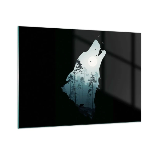 Glasbild - Bild auf glas - Silhouette eines Wolfes mit Wald und Mond im Hintergrund auf schwarzem Hintergrund - 100x70cm - Die Stimme der Waldnacht - Moderne Wanddekoration für Wohnzimmer und Schlafzimmer ARTTOR