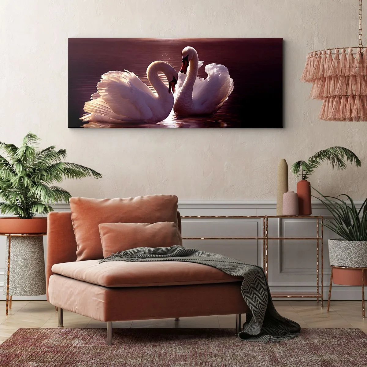 Bild auf Leinwand - Leinwandbild - Zwei Schwäne auf einem ruhigen See bei Sonnenuntergang - 160x50cm - Bis der Tod uns scheidet - Moderne Wanddekoration für Wohnzimmer und Schlafzimmer ARTTOR