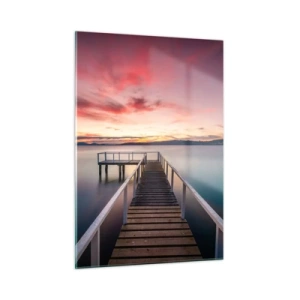 Glasbild - Bild auf glas - Lakeside Pier bei Sonnenuntergang mit einem rosa Himmel - 50x70cm - Die sanfte Flamme des Abends - Moderne Wanddekoration für Wohnzimmer und Schlafzimmer ARTTOR