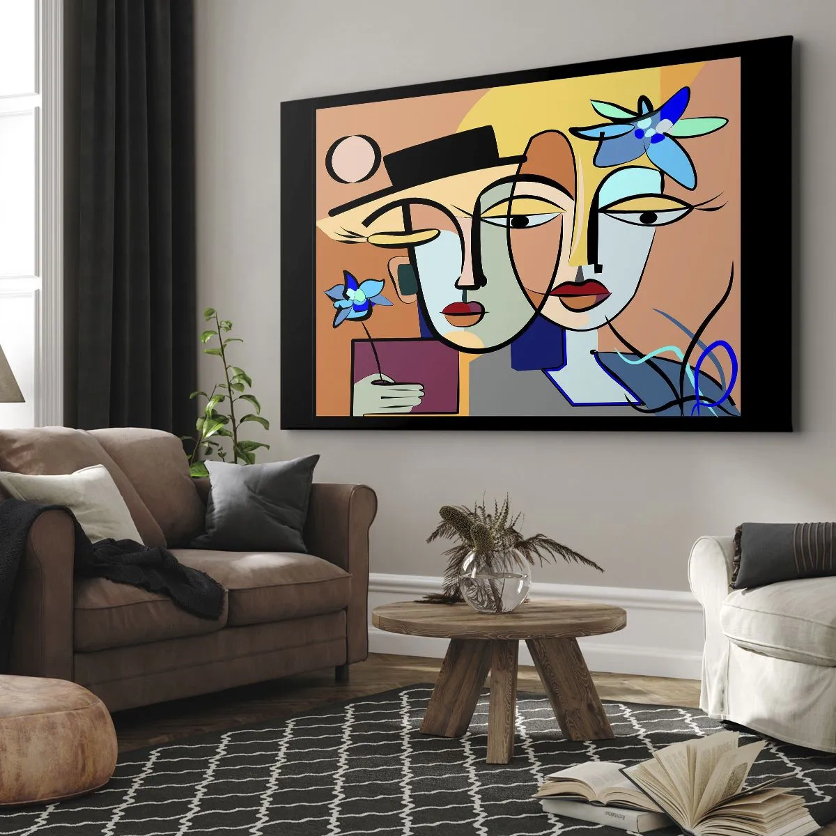 Bild auf Leinwand - Leinwandbild - Kubistische Porträts in leuchtenden Farben mit floralem Motiv - 100x70cm - Picassos randez vous - Moderne Wanddekoration für Wohnzimmer und Schlafzimmer ARTTOR