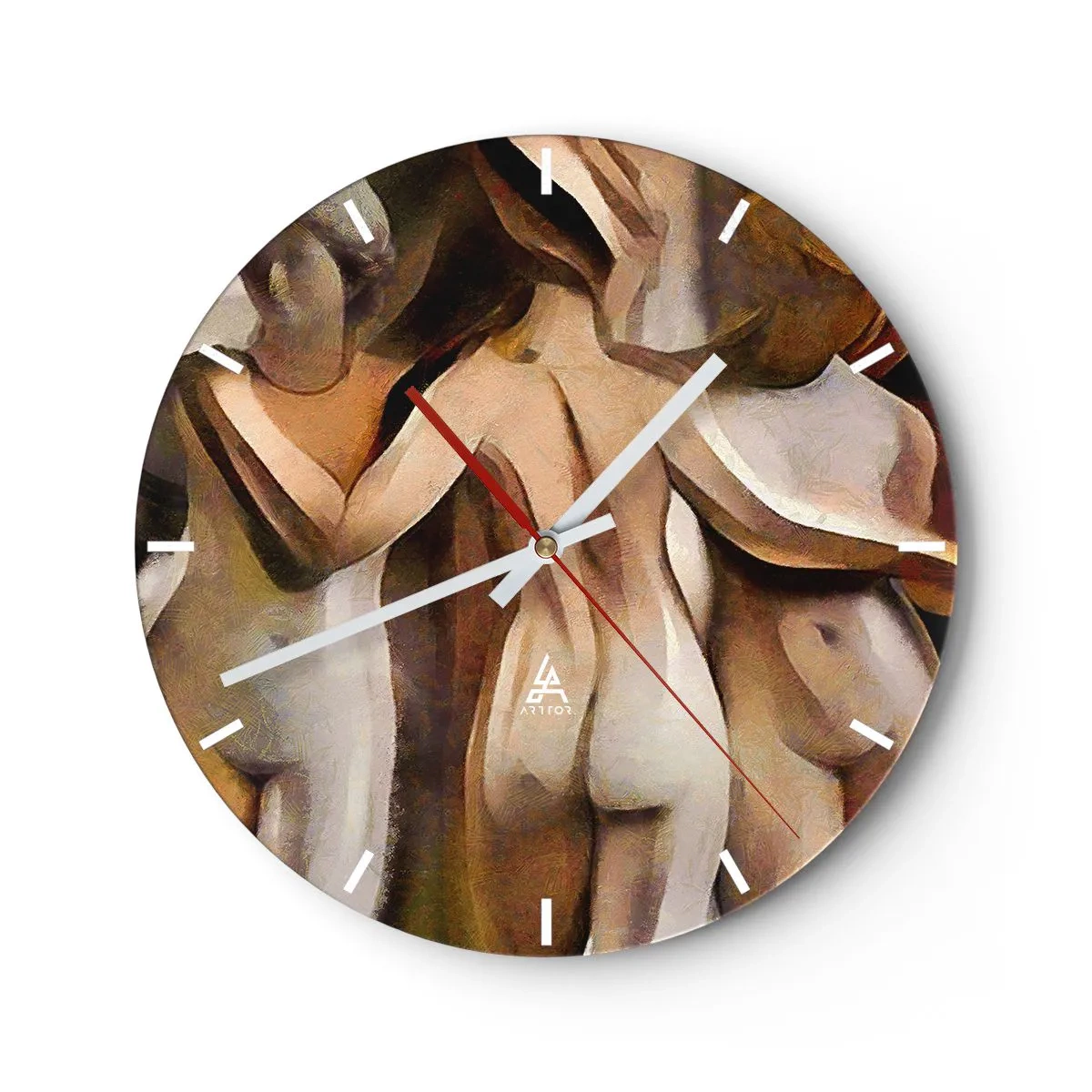 Wanduhr - Glasuhr - Eine abstrakte Interpretation dreier Figuren in warmen Farben. - 30x30cm - Drei Grazien 2.0 - Moderne Wanddekoration für Wohnzimmer, Küche und Schlafzimmer ARTTOR