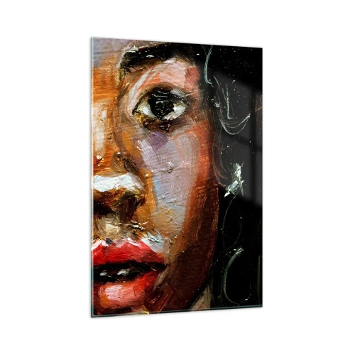 Glasbild - Bild auf glas - Ein ausdrucksstarkes Frauenporträt in intensiven Farben. - 80x120cm - Schwarz und Glanz - Moderne Wanddekoration für Wohnzimmer und Schlafzimmer ARTTOR