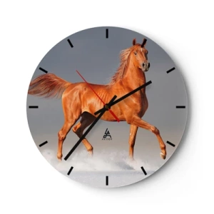 Wanduhr - Glasuhr - Ein galoppierendes Pferd mit kastanienbraunem Fell vor hellem Hintergrund - 30x30cm - Tanzende Anmut - Moderne Wanddekoration für Wohnzimmer, Küche und Schlafzimmer ARTTOR