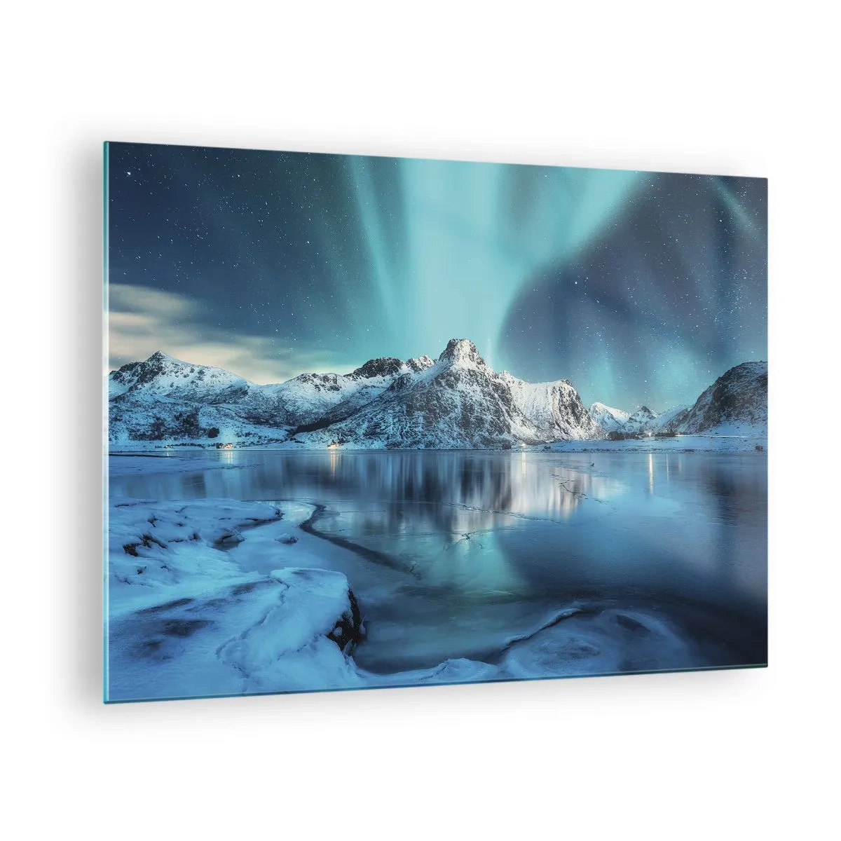 Glasbild - Bild auf glas - Aurora Borealis über den schneebedeckten Bergen - 70x50cm - Lichtnacht - Moderne Wanddekoration für Wohnzimmer und Schlafzimmer ARTTOR