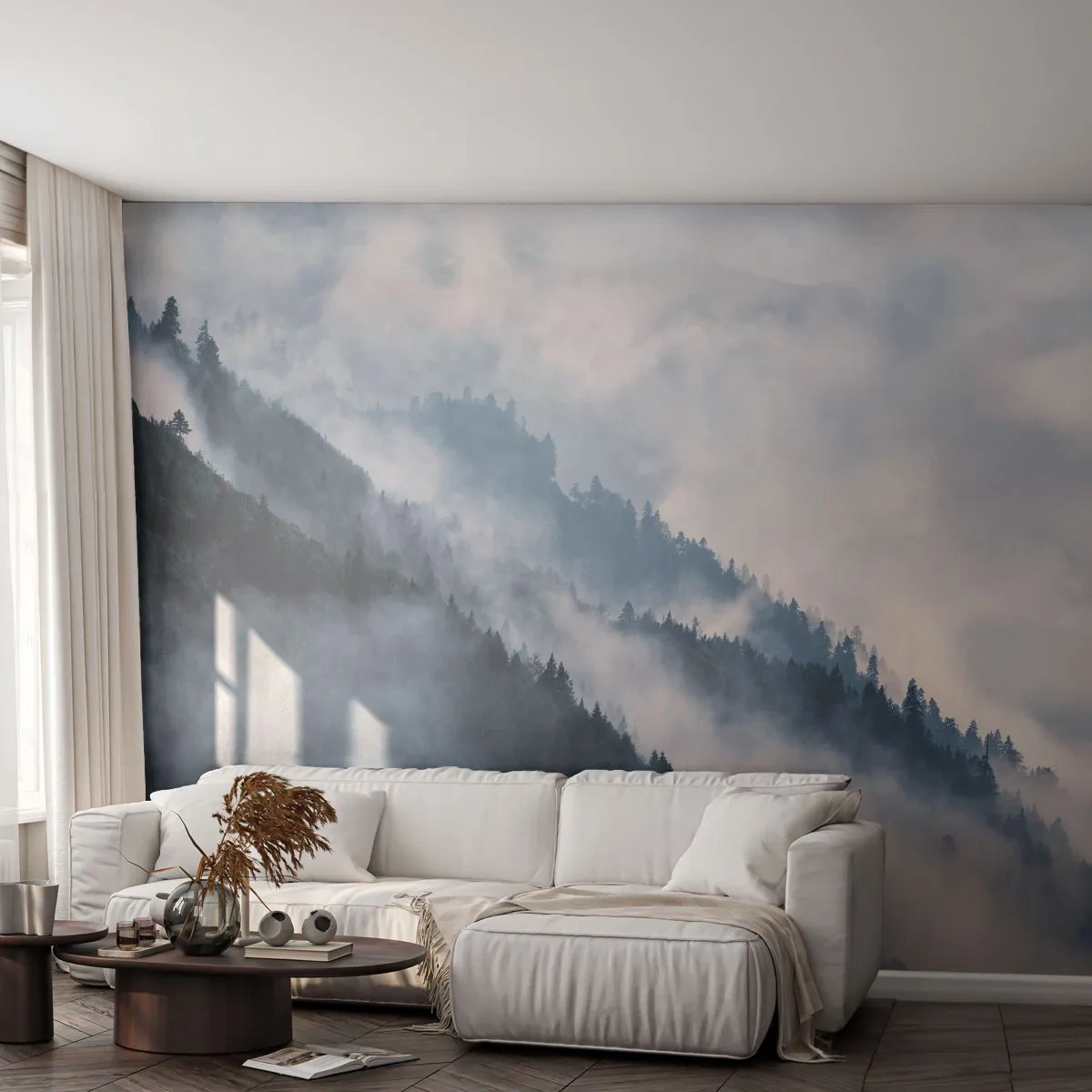 Fototapete Premium Sand - Nebelige Berghänge mit Nadelwald bedeckt - 100x70cm - Mystik der Berge - Moderne Wanddekoration für Wohnzimmer und Schlafzimmer ARTTOR