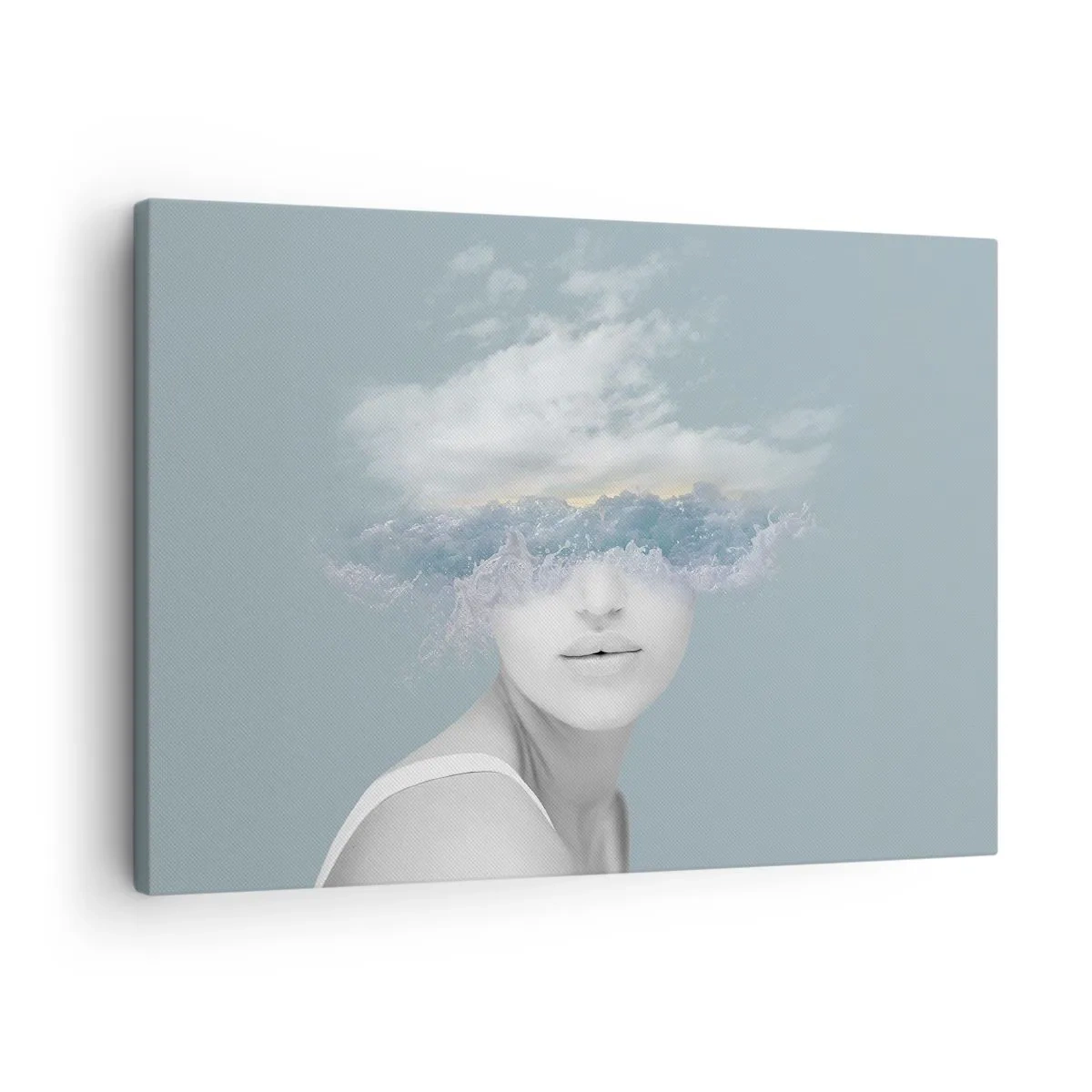 Bild auf Leinwand - Leinwandbild - Porträt einer Frau, deren Gesicht hinter Wolken und Wellen verborgen ist - 70x50cm - Mit dem Kopf in den Wolken - Moderne Wanddekoration für Wohnzimmer und Schlafzimmer ARTTOR