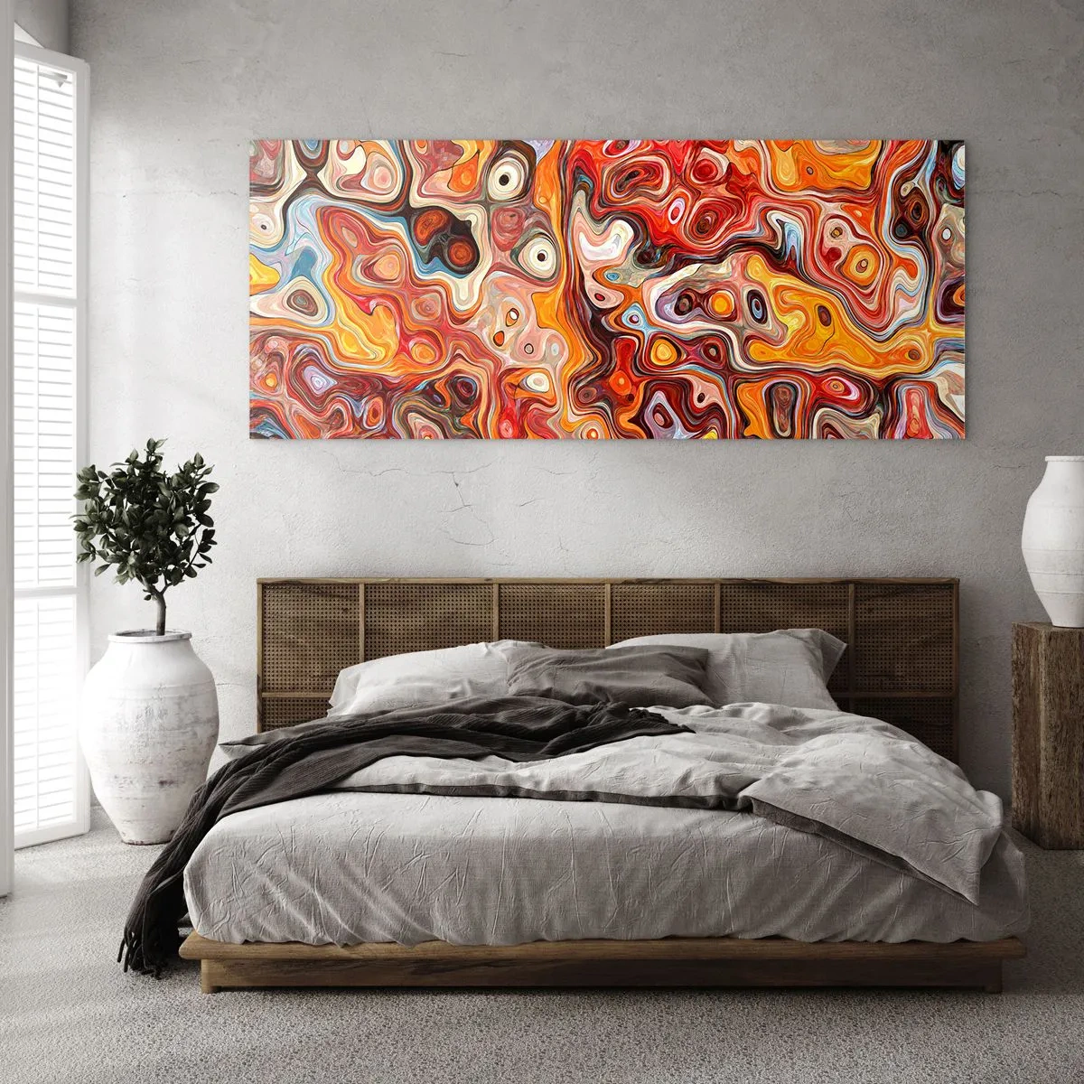 Glasbild - Bild auf glas - Eine abstrakte Komposition in warmen Rot-, Orange- und Gelbtönen. - 120x50cm - Wenn die Nüsse in Honig geschmolzen sind - Moderne Wanddekoration für Wohnzimmer und Schlafzimmer ARTTOR