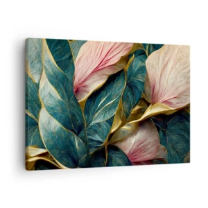 Bild auf Leinwand - Leinwandbild - Elegante Blätter in Grün, Gold und Pink - 70x50cm - Natürliche Eleganz und Stil - Moderne Wanddekoration für Wohnzimmer und Schlafzimmer ARTTOR
