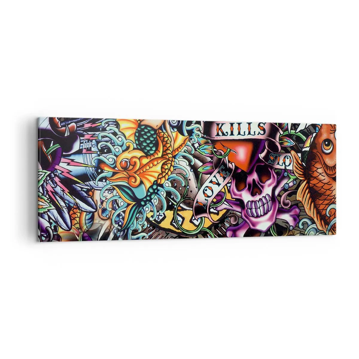 Bild auf Leinwand - Leinwandbild - Farbenfrohe Kunstwerke im Tattoo-Stil mit Totenköpfen und nautischen Motiven - 140x50cm - Der Traum des Tätowierers - Moderne Wanddekoration für Wohnzimmer und Schlafzimmer ARTTOR