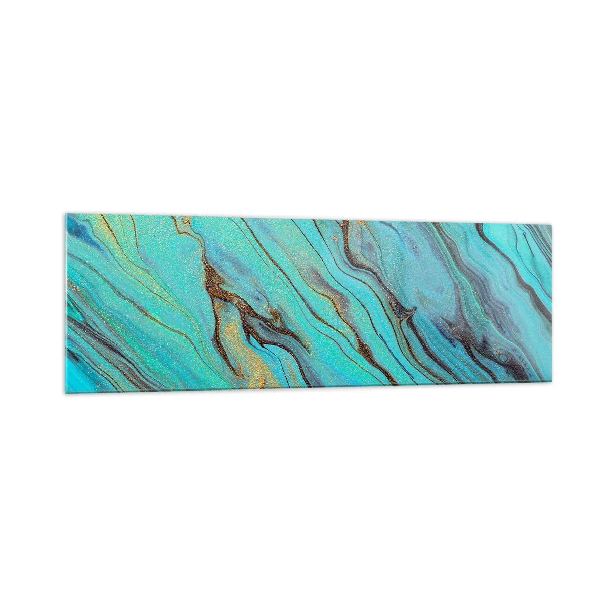 Glasbild - Bild auf glas - Abstrakte Wellen in Türkis- und Goldtönen - 160x50cm - Türkisfarbene Flut - Moderne Wanddekoration für Wohnzimmer und Schlafzimmer ARTTOR