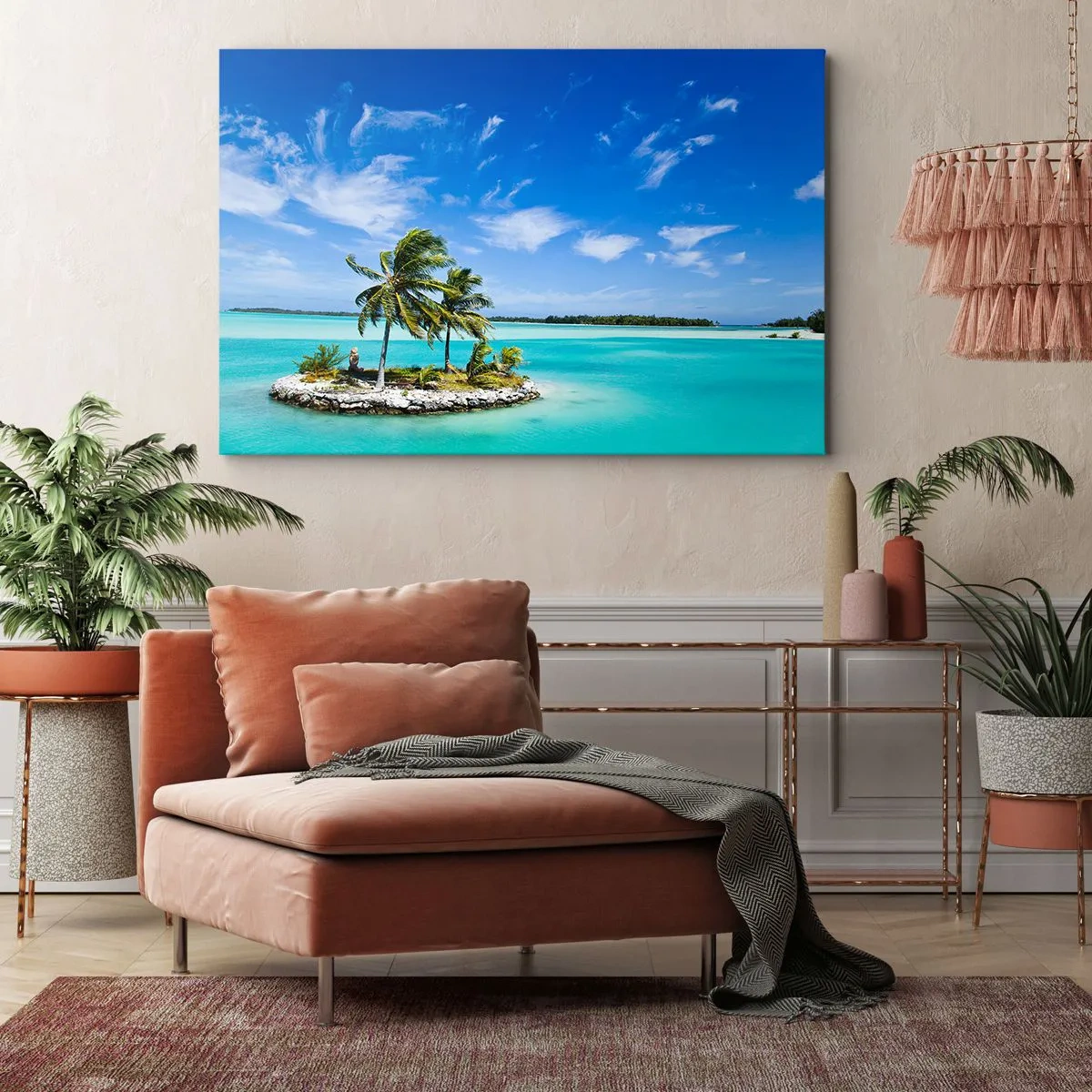 Bild auf Leinwand - Leinwandbild - Eine exotische Insel mit Palmen auf türkisfarbenem Wasser - 100x70cm - Ein Paradies auf Erden - Moderne Wanddekoration für Wohnzimmer und Schlafzimmer ARTTOR