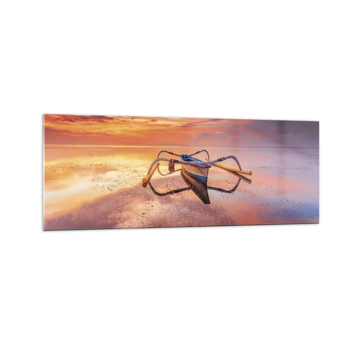 Glasbild - Bild auf glas - Ein Boot auf ruhigem Wasser bei Sonnenuntergang - 140x50cm - Die Ruhe eines tropischen Abends - Moderne Wanddekoration für Wohnzimmer und Schlafzimmer ARTTOR