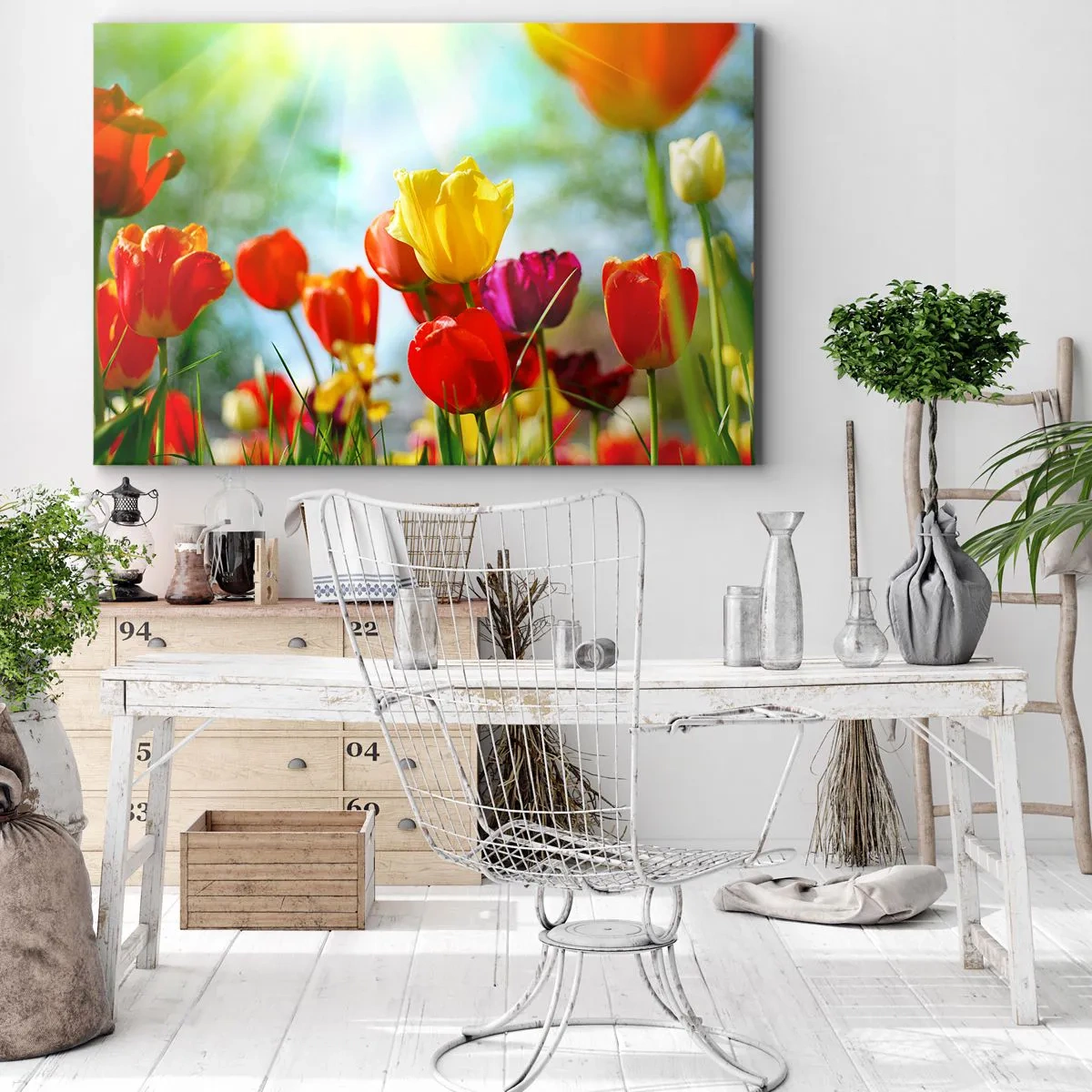 Bild auf Leinwand - Leinwandbild - Bunte Tulpen im Sonnenschein - 70x50cm - Alle Farben der Sonne - Moderne Wanddekoration für Wohnzimmer und Schlafzimmer ARTTOR