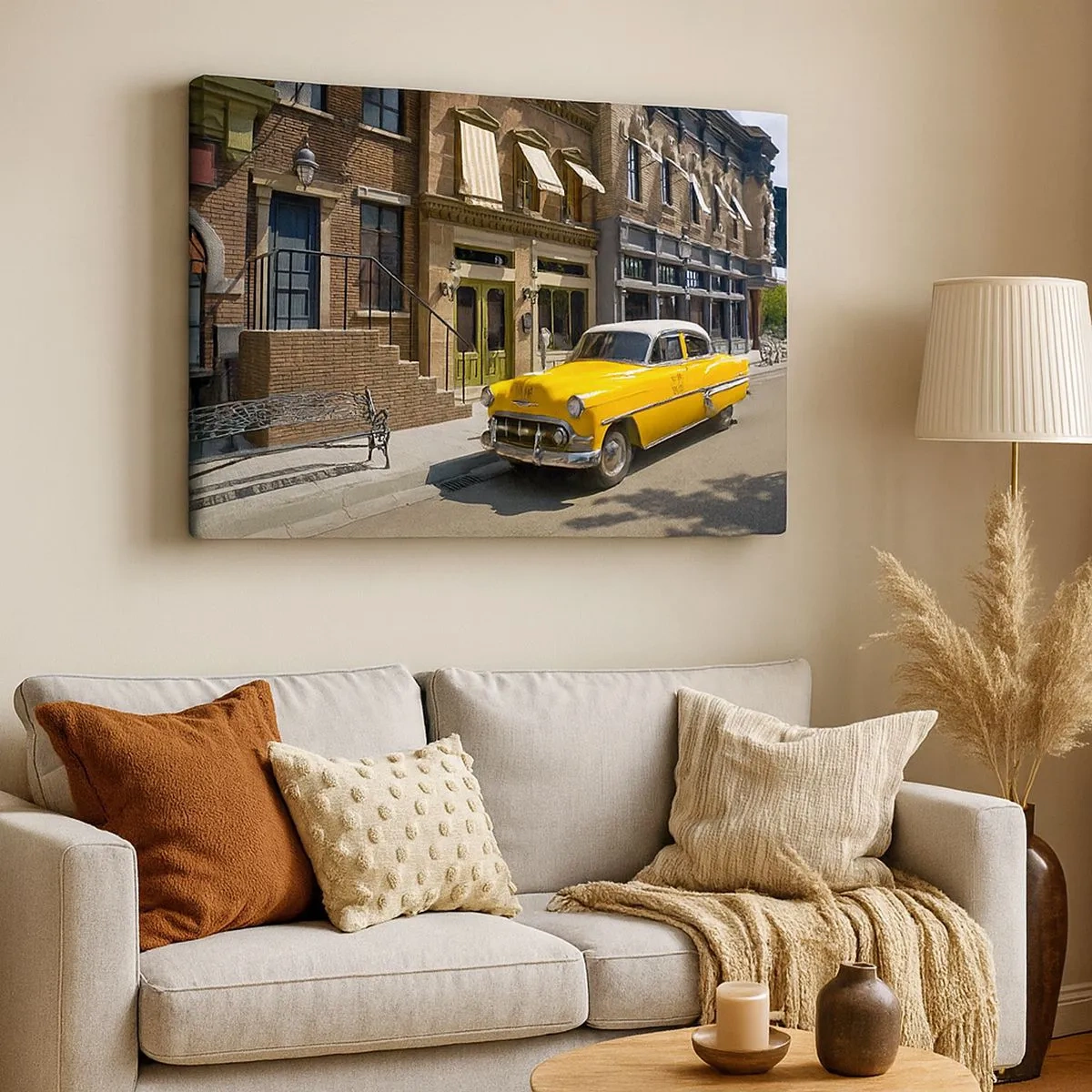 Bild auf Leinwand - Leinwandbild - Ein gelbes Taxi auf einer Straße mit Mietshäusern - 70x50cm - Vor langer Zeit in Amerika - Moderne Wanddekoration für Wohnzimmer und Schlafzimmer ARTTOR