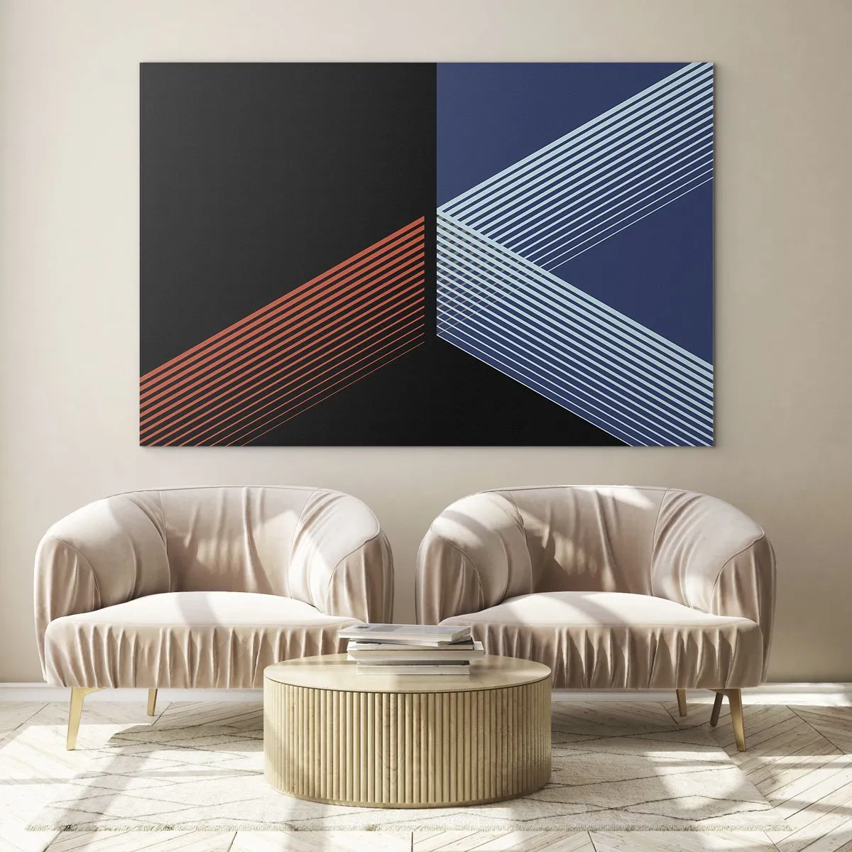 Glasbild - Bild auf glas - Eine moderne geometrische Komposition mit Linien und Farbkontrasten. - 100x70cm - Eine einfache Geschichte - Moderne Wanddekoration für Wohnzimmer und Schlafzimmer ARTTOR