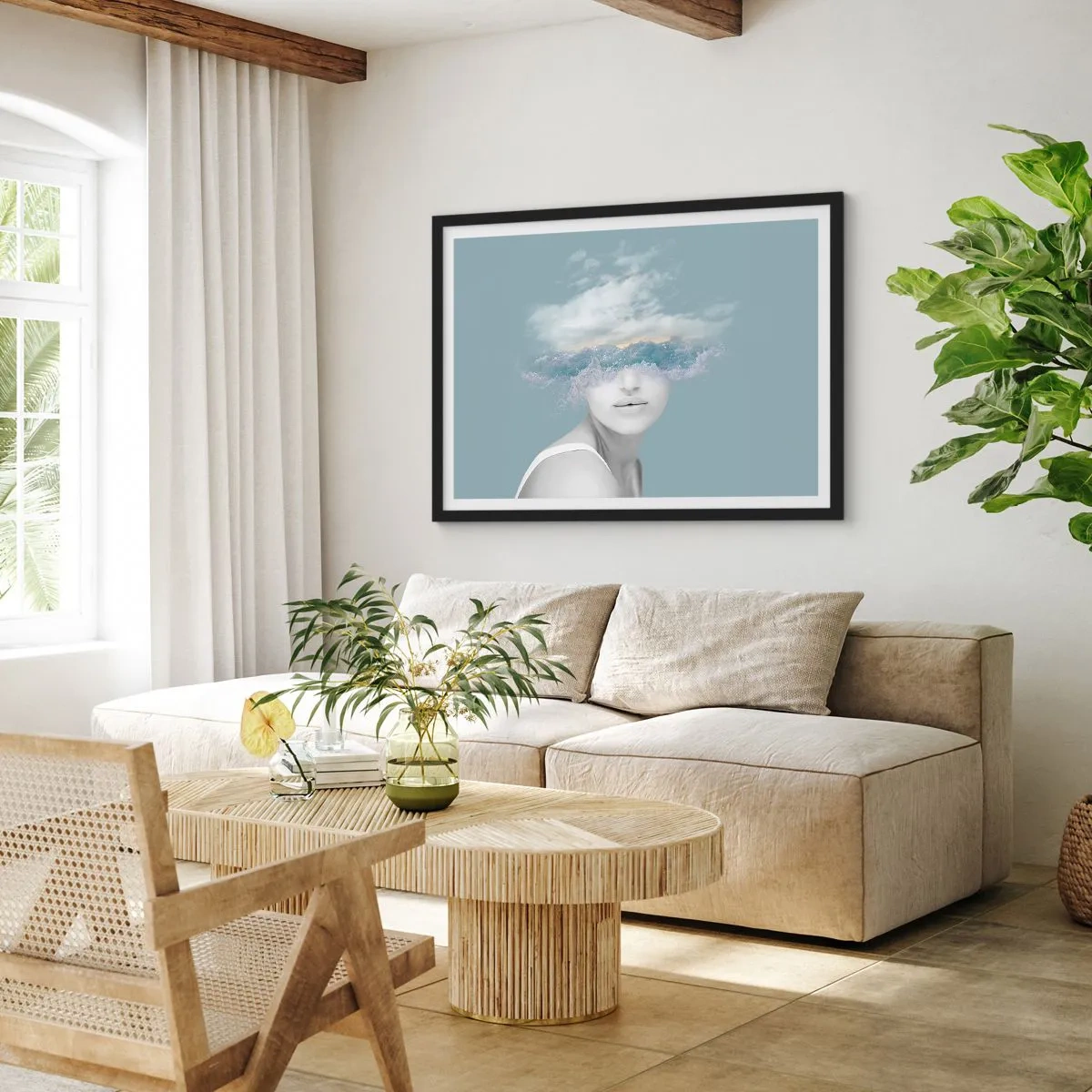 Poster in einem schwarzem Rahmen - Porträt einer Frau, deren Gesicht hinter Wolken und Wellen verborgen ist - 70x50cm - Mit dem Kopf in den Wolken - Moderne Wanddekoration für Wohnzimmer und Schlafzimmer ARTTOR
