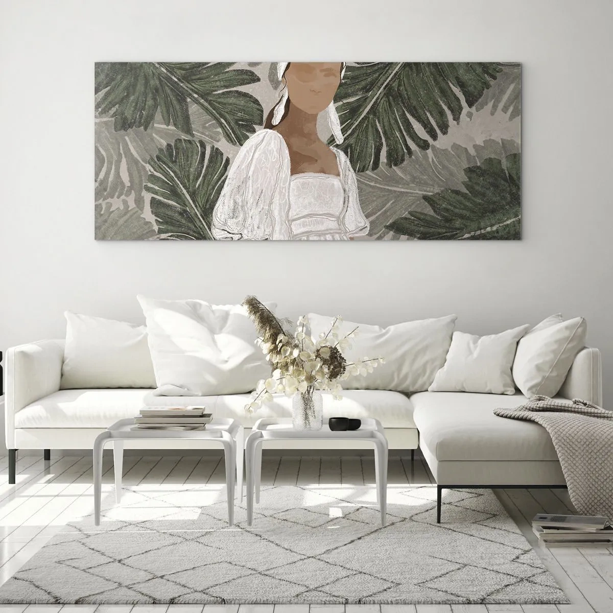 Glasbild - Bild auf glas - Porträt einer Frau in einem weißen Kleid vor einem Hintergrund aus Monstera-Blättern - 140x50cm - Exotisches Porträt - Moderne Wanddekoration für Wohnzimmer und Schlafzimmer ARTTOR