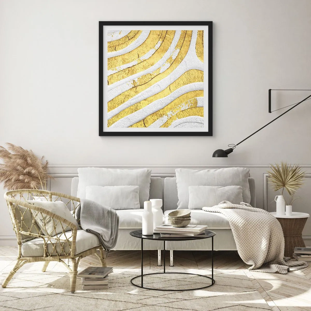 Poster in einem schwarzem Rahmen - Komposition in Weiß und Gold - 30x30 cm