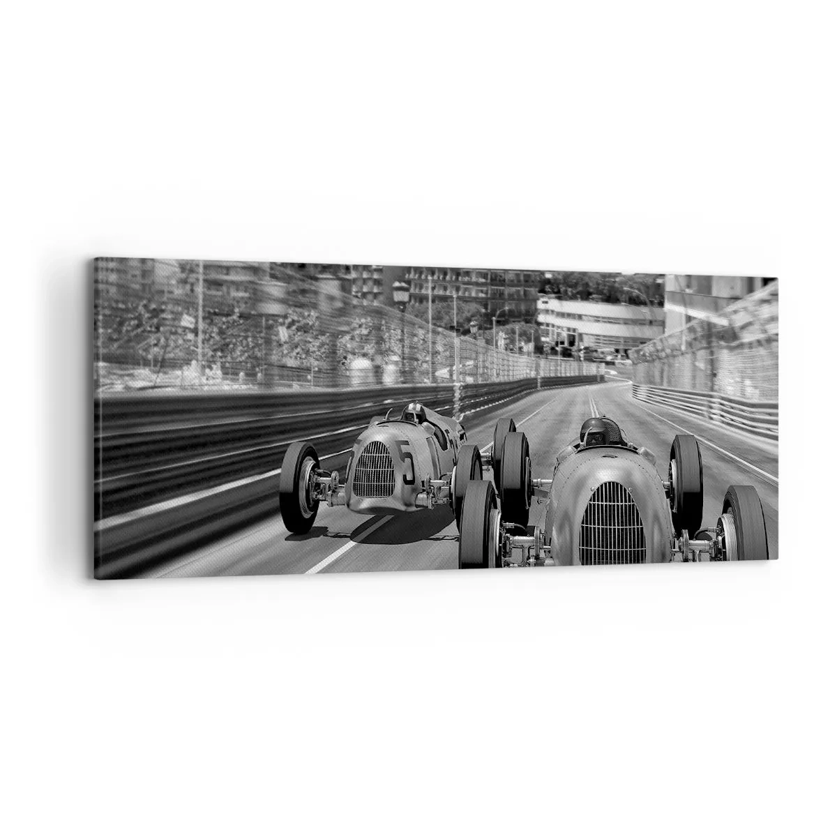 Bild auf Leinwand - Leinwandbild - Monochrome Retro-Autorennen-Szene - 120x50cm - Vor langer Zeit in Monte Carlo - Moderne Wanddekoration für Wohnzimmer und Schlafzimmer ARTTOR