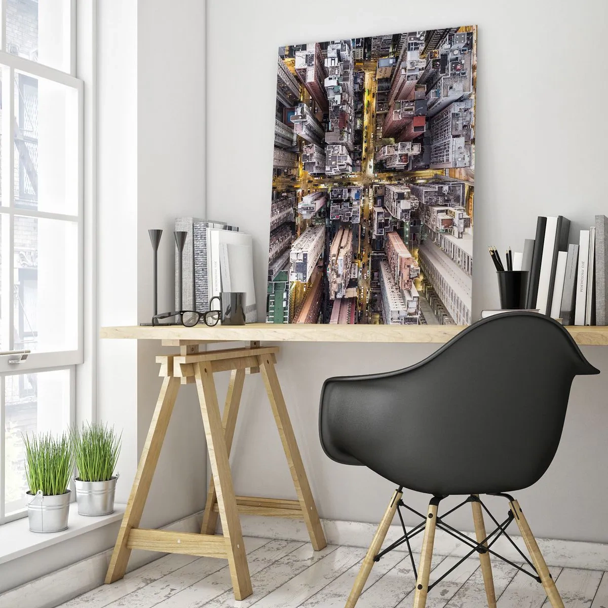 Glasbild - Bild auf glas - Die Metropole aus der Vogelperspektive - 50x70cm - Grüße aus Hongkong - Moderne Wanddekoration für Wohnzimmer und Schlafzimmer ARTTOR
