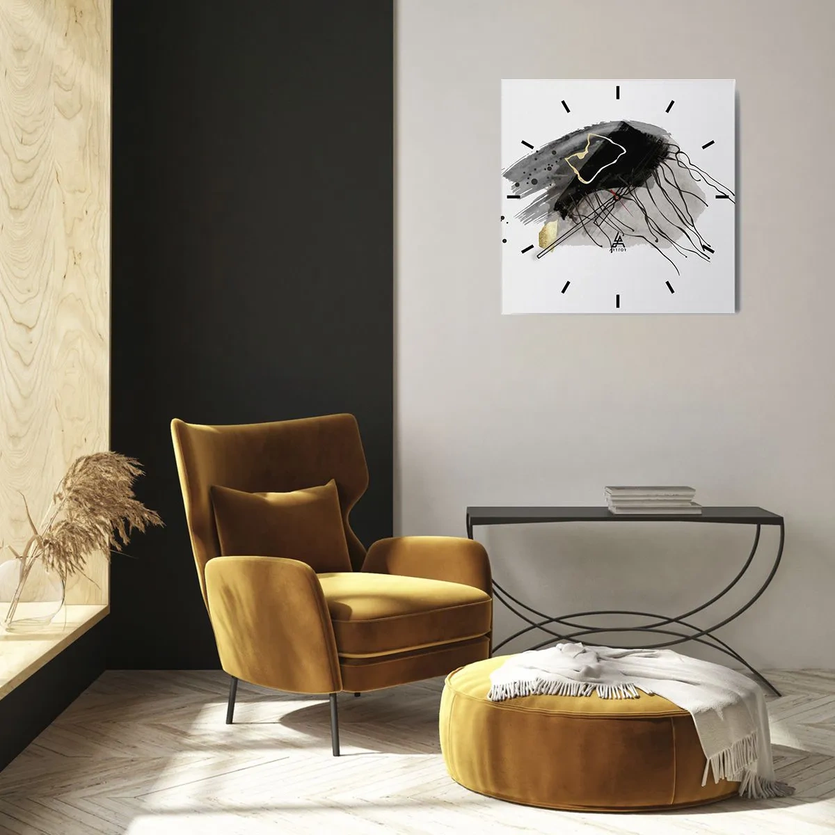 Wanduhr - Glasuhr - Eine abstrakte Komposition mit Akzenten in Schwarz und Gold. - 30x30cm - In Schwarz und Gold - Moderne Wanddekoration für Wohnzimmer und Schlafzimmer ARTTOR