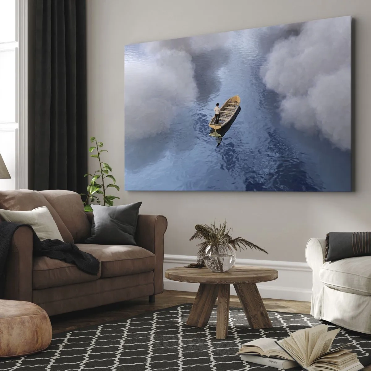 Bild auf Leinwand - Leinwandbild - Ein Mann in einem Boot auf einem ruhigen Meer, umgeben von Wolken - 120x80cm - Leben – Reise – unbekannt - Moderne Wanddekoration für Wohnzimmer und Schlafzimmer ARTTOR