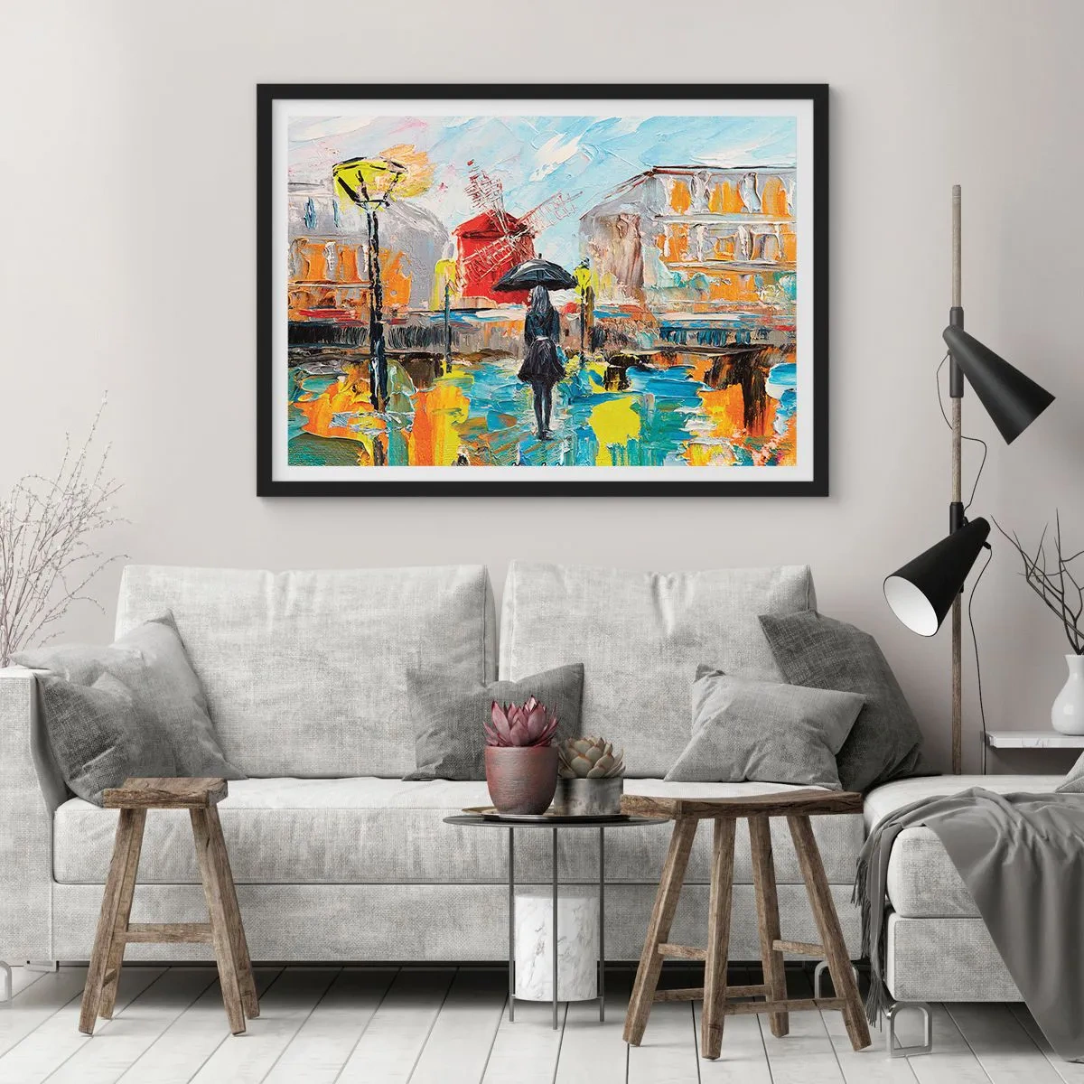 Poster in einem schwarzem Rahmen - Eine malerische Szene mit einem Regenschirm vor der Kulisse von Paris in leuchtenden Farben. - 70x50cm - Pariser Legenden - Moderne Wanddekoration für Wohnzimmer und Schlafzimmer ARTTOR