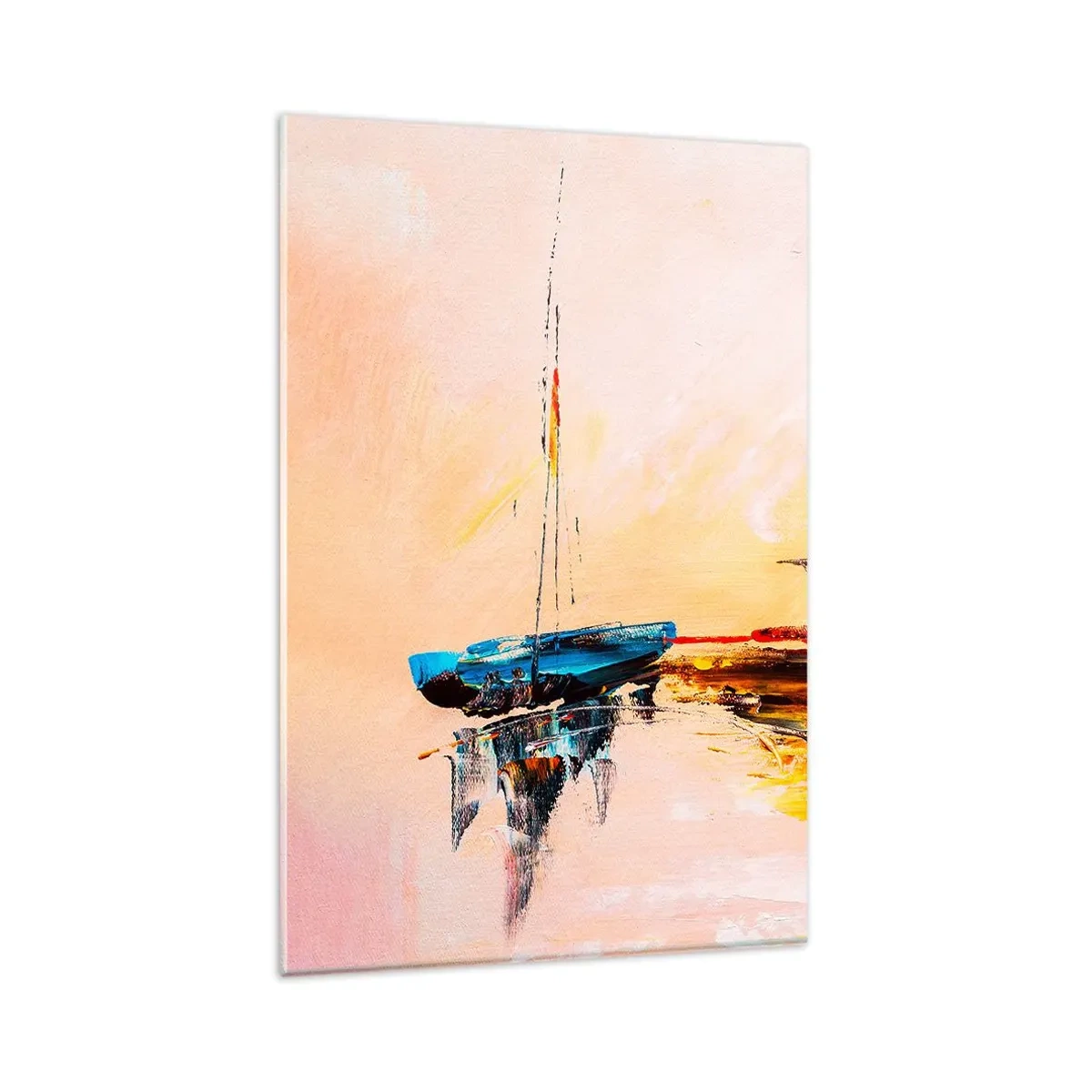 Glasbild - Bild auf glas - Bunte Boote auf ruhigem Wasser bei Sonnenuntergang - 80x120cm - Abend im Yachthafen - Moderne Wanddekoration für Wohnzimmer und Schlafzimmer ARTTOR