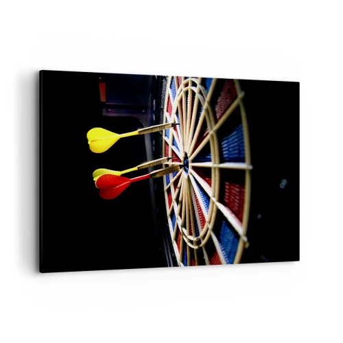 Bild auf Leinwand - Leinwandbild - Eine Dartscheibe mit getroffenen Darts auf schwarzem Hintergrund - 100x70cm - Auf den Punkt gebracht - Moderne Wanddekoration für Wohnzimmer und Schlafzimmer ARTTOR