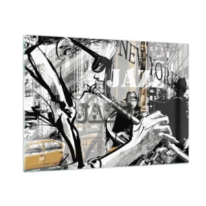 Glasbild - Bild auf glas - Eine stilvolle Zeichnung eines Jazzmusikers, der in einer New Yorker Umgebung Trompete spielt. - 100x70cm - Im Rhythmus von New York - Moderne Wanddekoration für Wohnzimmer und Schlafzimmer ARTTOR