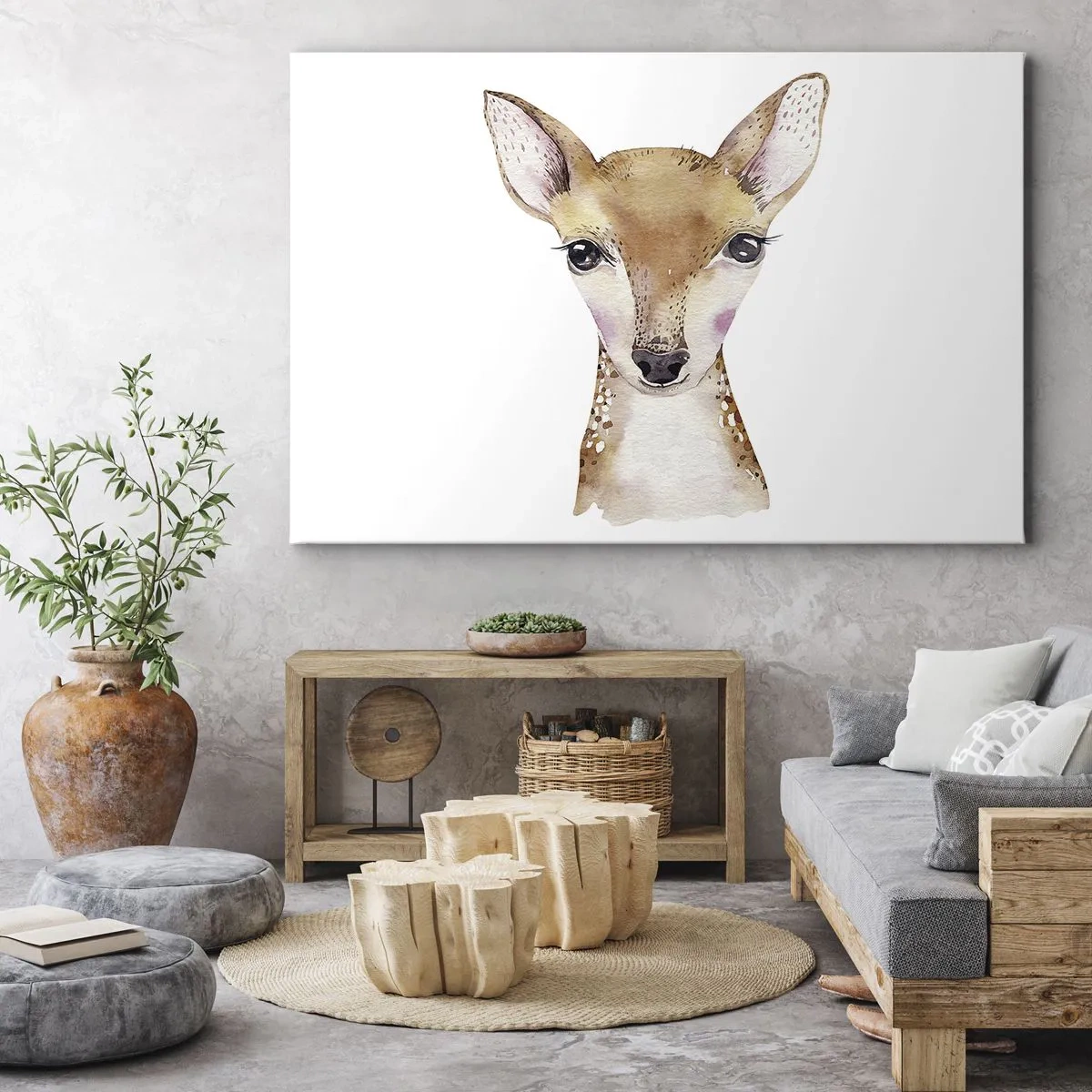 Bild auf Leinwand - Leinwandbild - Aquarellporträt eines jungen Rehs auf weißem Hintergrund - 70x50cm - Die Natur der Unschuld - Moderne Wanddekoration für Wohnzimmer und Schlafzimmer ARTTOR