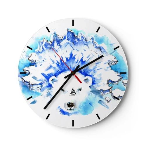 Wanduhr - Glasuhr - Ein weißer Bär mit einer eisigen Krone in Blau- und Weißtönen - 30x30cm - Der König der Arktis in einer Eiskrone - Moderne Wanddekoration für Wohnzimmer, Küche und Schlafzimmer ARTTOR