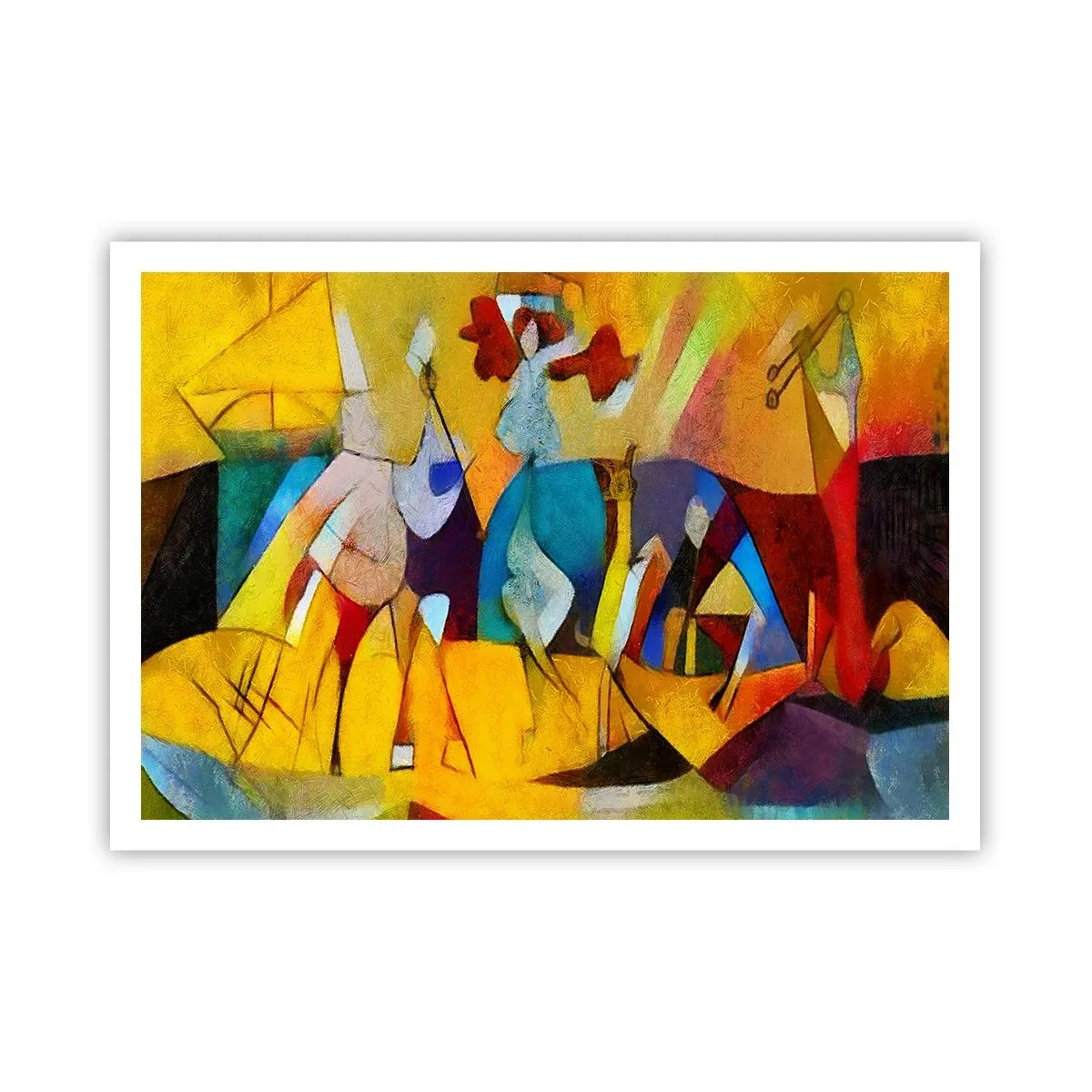 Poster - Eine farbenfrohe Abstraktion, die Figuren in geometrischer Form darstellt - 100x70cm - Sonne - Leben - Freude - Moderne Wanddekoration für Wohnzimmer und Schlafzimmer ARTTOR