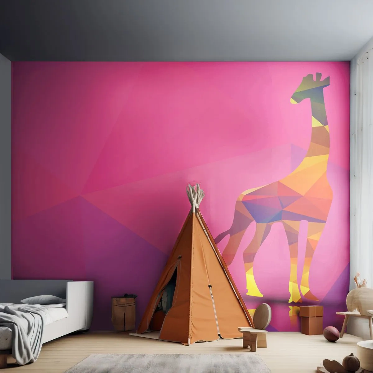 Fototapete Premium Canvas - In den Farben der Savanne - Tiere, Giraffe, Geometrische Figur - 300x210 cm