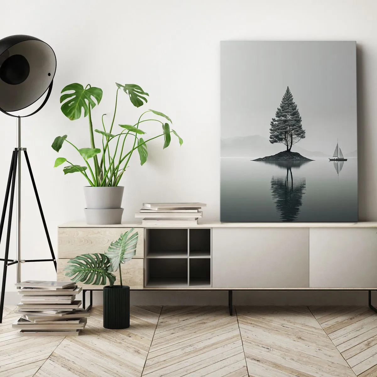 Bild auf Leinwand - Leinwandbild - Eine minimalistische Landschaft mit einem Baum auf einer Insel und einem Segelboot. - 80x120cm - Traum - Moderne Wanddekoration für Wohnzimmer und Schlafzimmer ARTTOR