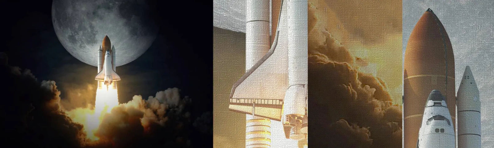 Fototapeten Muster Premium Canvas - Beginn eines überirdischen Abenteuers - Mond, Eine Weltraumrakete, NASA - 100x30 cm