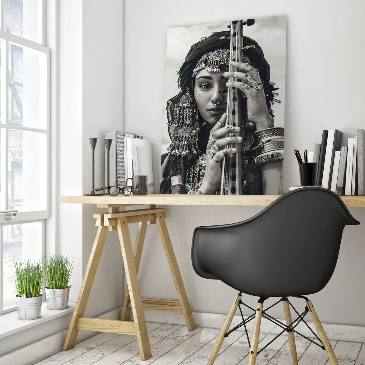 Glasbild - Bild auf glas - Porträt einer Frau mit ethnischem Schmuck, die ein Instrument in der Hand hält - 70x100cm - Die Musik des Orients selbst - Moderne Wanddekoration für Wohnzimmer und Schlafzimmer ARTTOR