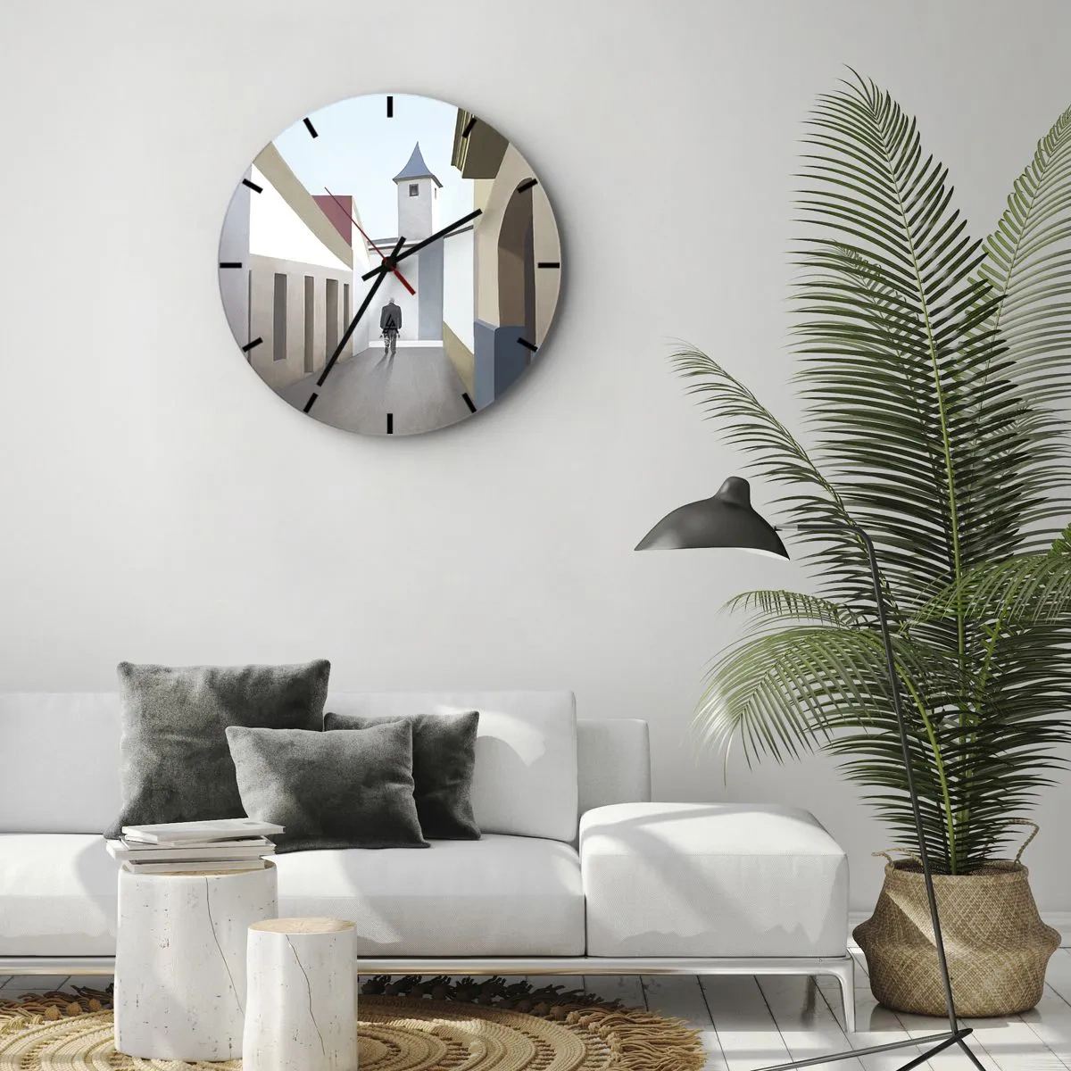 Wanduhr - Glasuhr - Eine Figur vor dem Hintergrund einer Stadtstraße in einer hellen, geometrischen Umgebung - 30x30cm - Sonniger Spaziergang - Moderne Wanddekoration für Wohnzimmer, Küche und Schlafzimmer ARTTOR