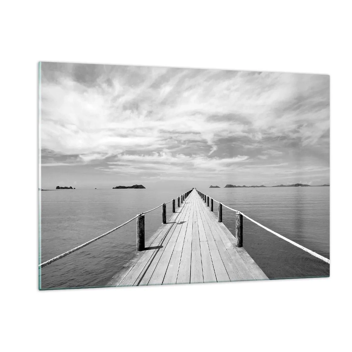 Glasbild - Bild auf glas - Ein Holzsteg, der über ein ruhiges Meer in die Ferne führt - 120x80cm - Oder vielleicht eine Reise ... - Moderne Wanddekoration für Wohnzimmer und Schlafzimmer ARTTOR