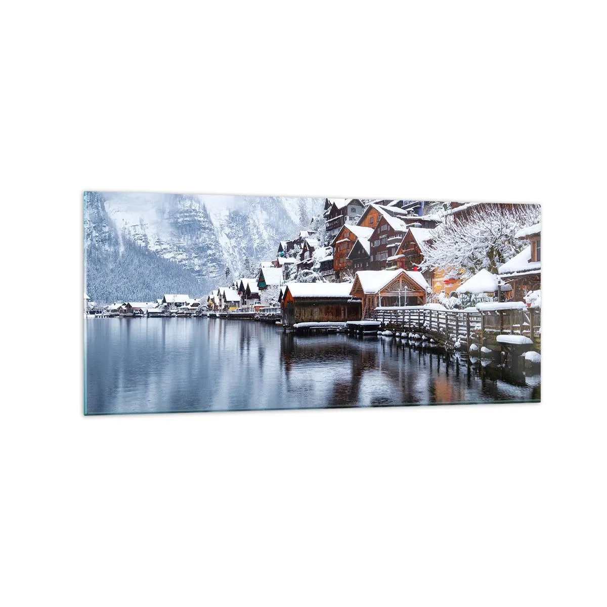 Glasbild - Bild auf glas - Winteransicht eines Bergdorfes am See - 120x50cm - In winterlicher Dekoration - Moderne Wanddekoration für Wohnzimmer und Schlafzimmer ARTTOR