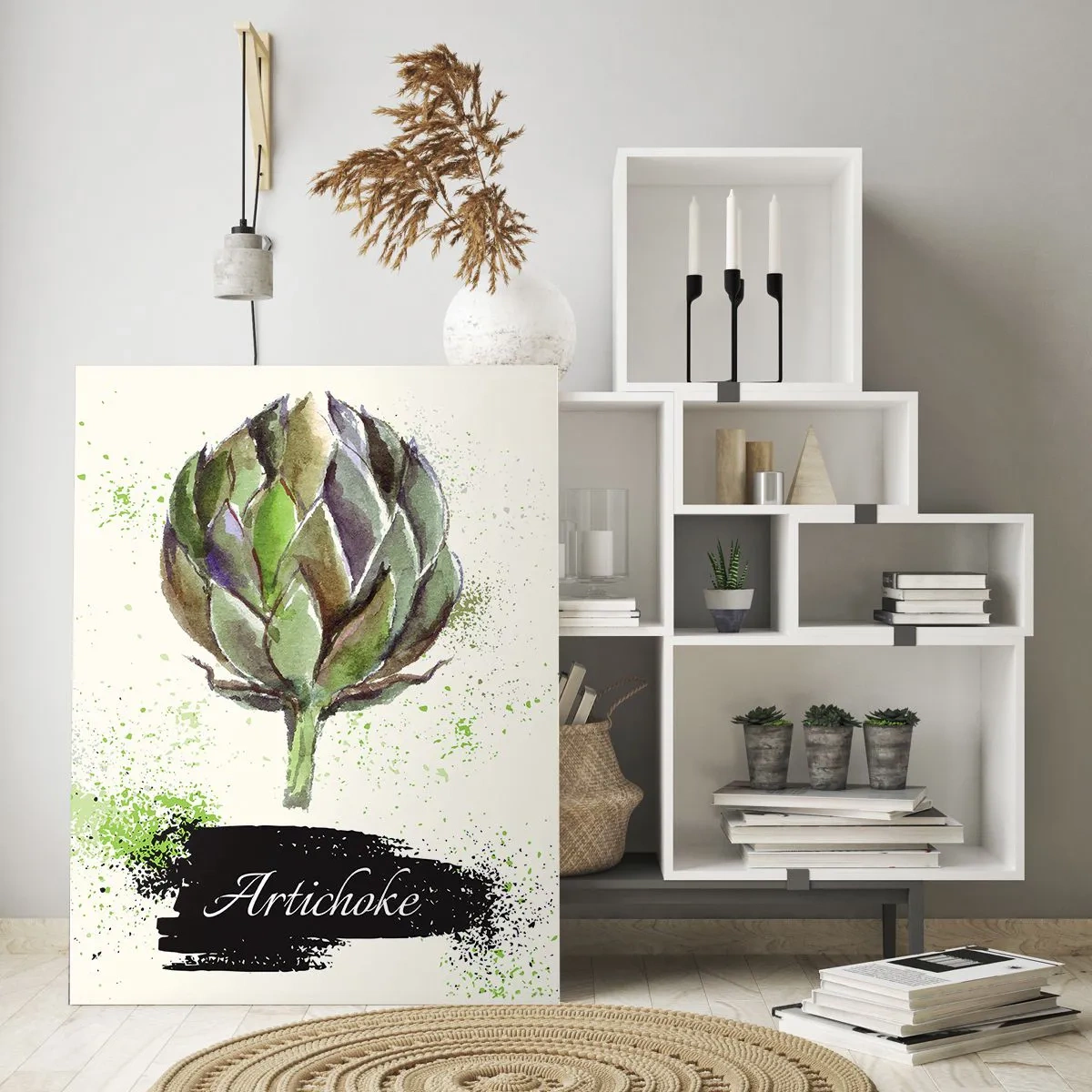 Glasbild - Bild auf glas - Aquarell Artischocke mit Text auf hellem Hintergrund mit grünen Akzenten - 70x100cm - Eviva-Gemüse! - Moderne Wanddekoration für Wohnzimmer und Schlafzimmer ARTTOR