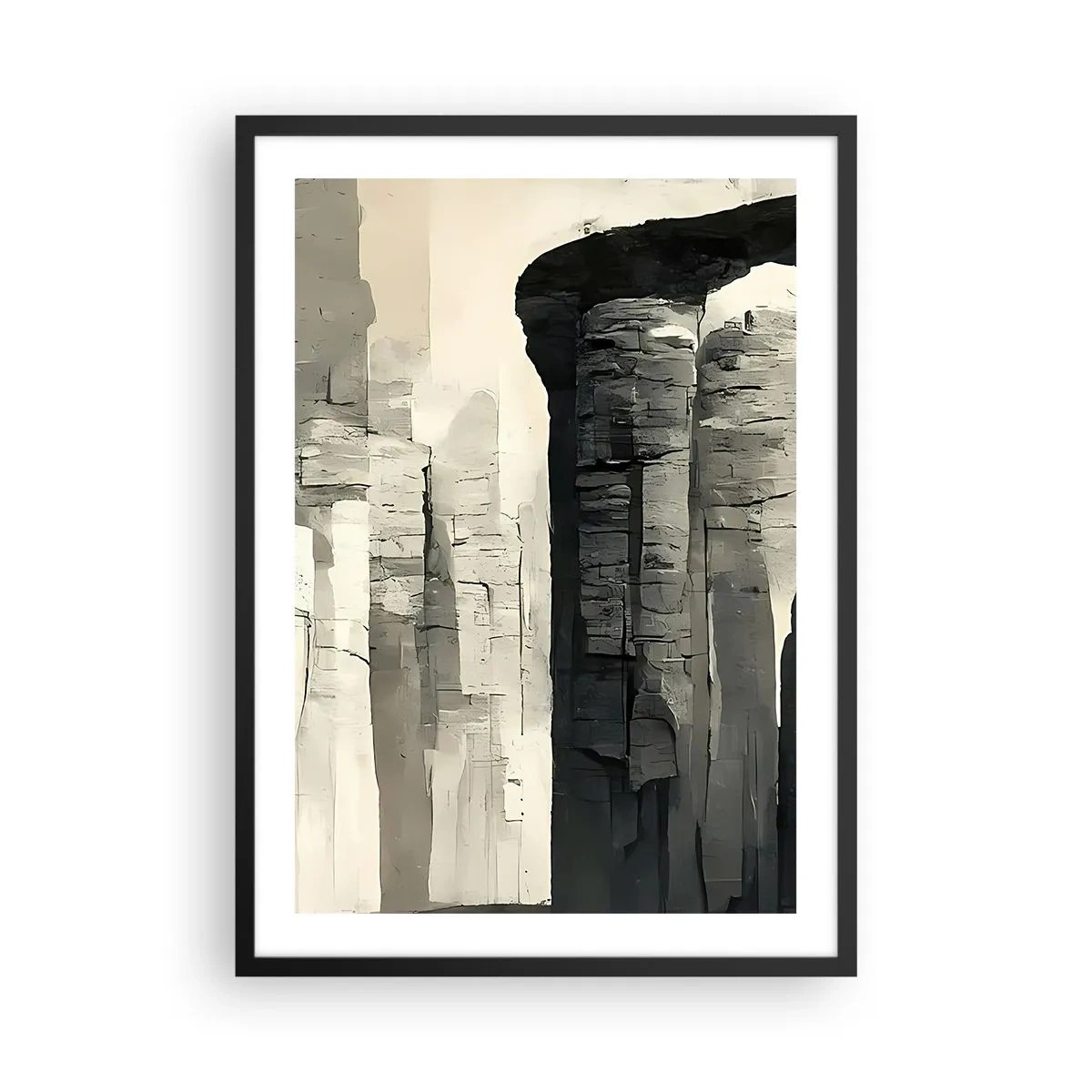 Poster in einem schwarzem Rahmen - Monumentale Felsformationen in Grautönen - 50x70cm - Majestät der Antike - Moderne Wanddekoration für Wohnzimmer und Schlafzimmer ARTTOR