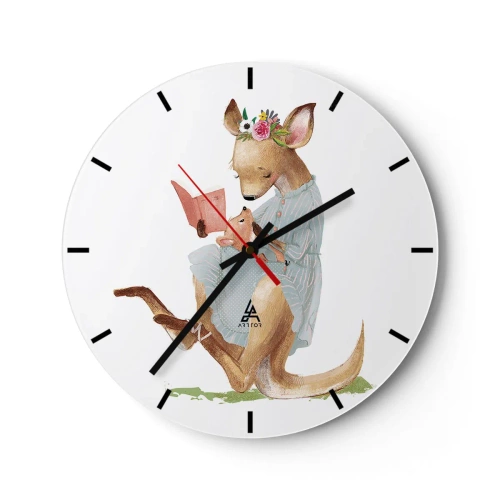 Wanduhr - Glasuhr - Eine Känguru-Mutter liest ein Buch mit ihrem Baby auf dem Schoß - 30x30cm - Lies mir vor Mama - Moderne Wanddekoration für Wohnzimmer, Küche und Schlafzimmer ARTTOR