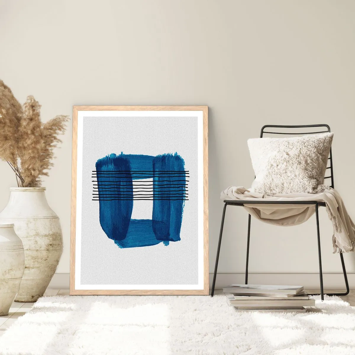 Poster in einem Rahmen aus heller Eiche - Blaue und schwarze Komposition - 70x100 cm