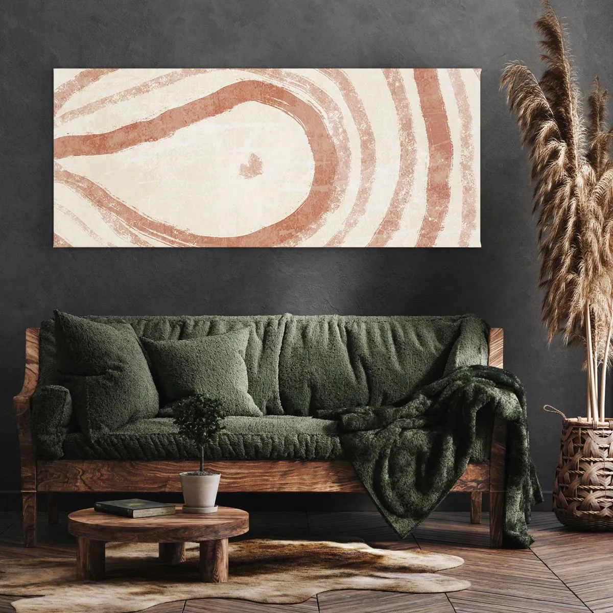 Bild auf Leinwand - Leinwandbild - Ein abstraktes Motiv aus konzentrischen Linien in Terrakotta-Tönen. - 140x50cm - Korallenkreise – Komposition - Moderne Wanddekoration für Wohnzimmer und Schlafzimmer ARTTOR