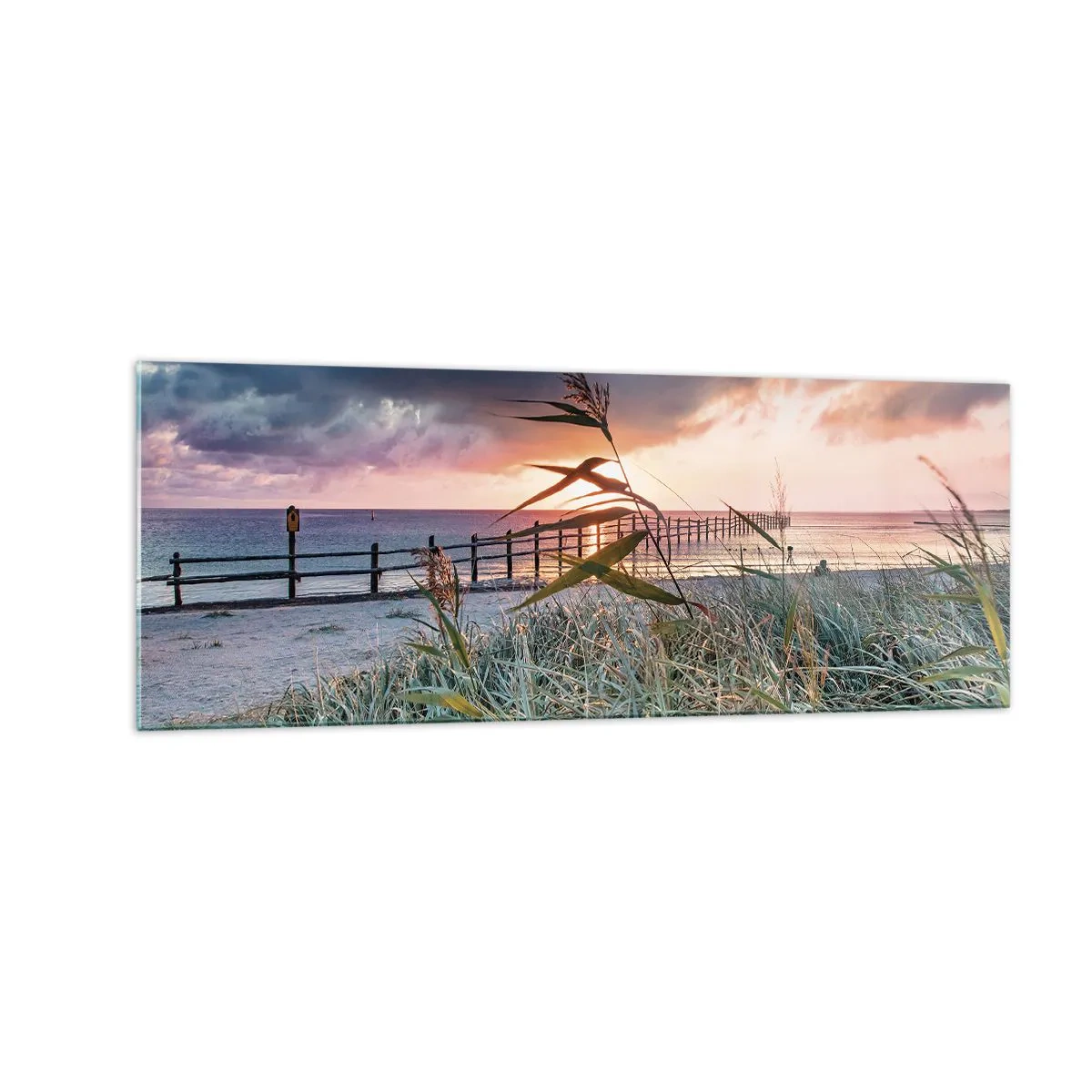 Glasbild - Bild auf glas - Strand bei Sonnenuntergang mit Gräsern im Vordergrund - 140x50cm - Es vergeht nicht mit dem Wind - Moderne Wanddekoration für Wohnzimmer und Schlafzimmer ARTTOR